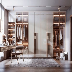 BALOM <span class=keywords><strong>Dressing</strong></span> Moderne Personnalisé en Bois Foncé avec Meuble-Lavabo Intégré et Armoire LED avec Porte Vitrée pour <span class=keywords><strong>Dressing</strong></span> à Domicile - Product Image 2