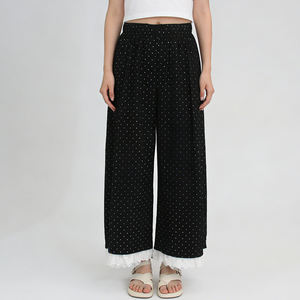 Pantalones Anchos <span class=keywords><strong>de</strong></span> Mujer con Estampado <span class=keywords><strong>de</strong></span> Lunares Negros, Tela Transpirable con Cintura Elástica y Ribete <span class=keywords><strong>de</strong></span> Encaje - Culottes Casuales <span class=keywords><strong>de</strong></span> Corte Holgado - Product Image 1