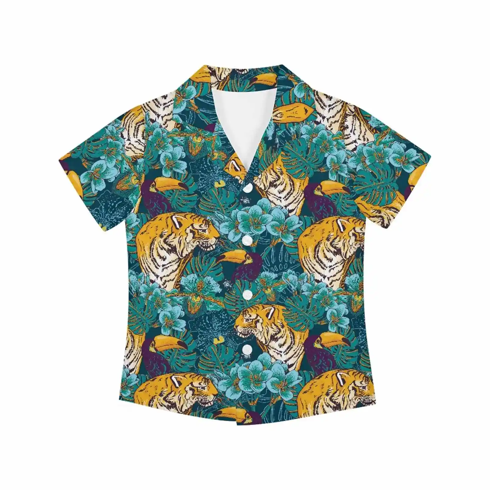 Tijger En Toekan Tropische Jungle Kids Hawaiian Shirt Custom Kwaliteit Strandvakantie Button-Down Shirt Tops Korte Mouw Groothandel