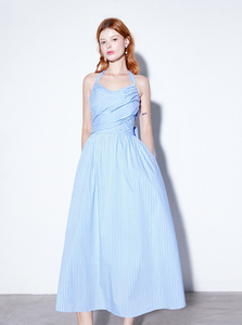 OEM Woven Cotton <strong>Blue</strong> <strong>White</strong> <strong>Striped</strong> Summer V-neck High Waist Large Swing Style Tie-Up Women's Sexy Strap <strong>Dress</strong> - Product Image 3