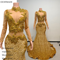 Robe de bal sirène Ocstrade personnalisée à col haut en maille, manches longues, ornée de strass dorés, robes transparentes à paillettes pour femmes, robes de soirée