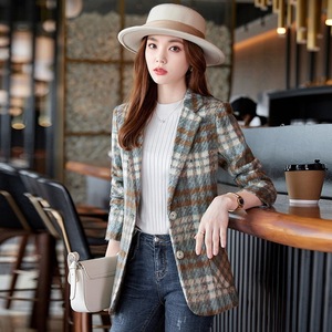 Women's Plaid Blazer Thick Woolen Autumn Winter Casual Elegant Outerwear Coat With Pocket - Product Image 1