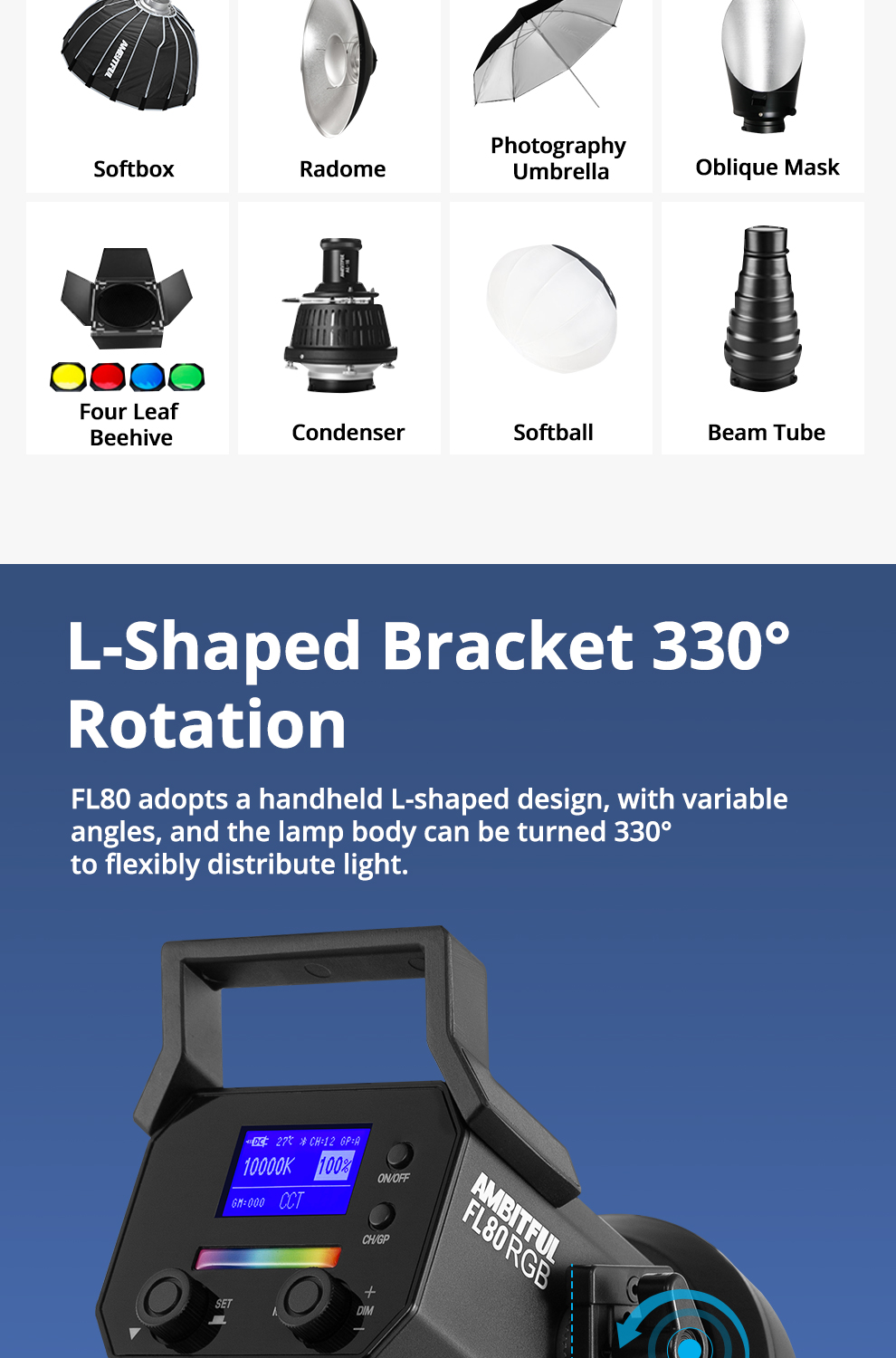 AMBITFUL FL80 RGB LED Video Light 80W 5600K Outdoor Photography Daylight Lighting Adjust Brightness Bowens Mount Support APP