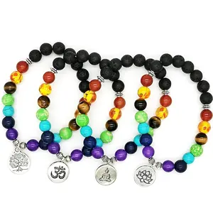 Colorful Power Crystal Stretch Lava Stone 7 Chakra Bracelet Bead Elastic Buddha OM Lotus Life Tree Yoga Rosary Bangles