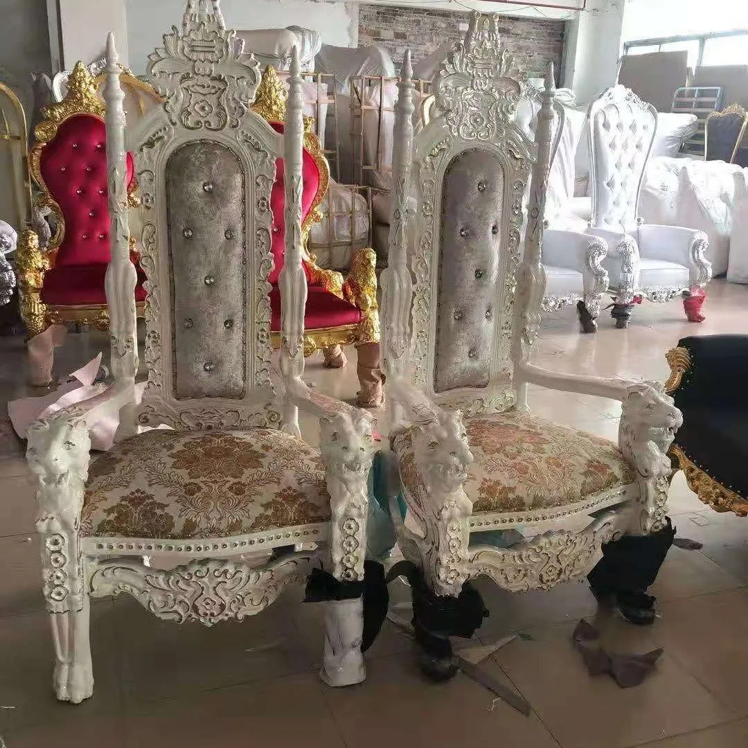 Hot Sale High Back Golden Pedicure Royal Bridal White Leather And Velvet Throne King Queen Chairs For Bride And Groom