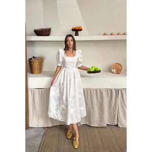 Robe blanche à manches brodées avec col carré, logo personnalisé, décoration à volants, style vintage pour le printemps, taille XL - Product Image 6