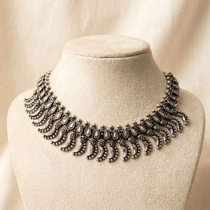 Designer Traditional Oxydized Silver Curved Feather-Link <b>Necklace</b> for Women Ethnic <b>Statement</b> Jewelry Festival Fashion Accessory - Product Image 1