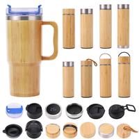 Tumbler 30oz Dengan Gagang, Cangkang Bambu dan Botol Air Vakum Stainless Steel untuk Hadiah, Termos Alami, Flask Ramah Lingkungan