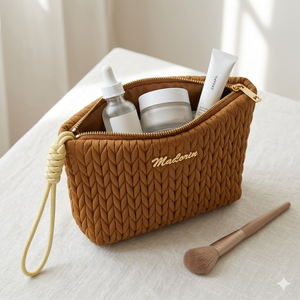 Soft Makeup Pouch Designer Padded Cosmetic Bag Portable Travel <b>Toiletry</b> Organizer Brown Bubble Fabric Beauty <b>Storage</b> Case - Product Image 2