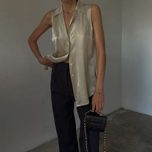 Camicie lunghe senza maniche in poliestere larghe abbigliamento da donna con bottone top Casual da donna camicette 2023 eleganti in raso - Product Image 2