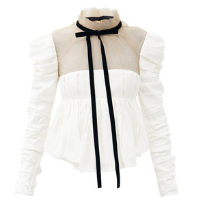 OEM Ultimo Disegno Delle Parti Superiori Delle Signore Ufficio Camicia A Maniche Lunghe Casuale Fanny <span class=keywords><strong>tulle</strong></span> E Raso-Back Crepe Peplum <span class=keywords><strong>Camicetta</strong></span> Delle Donne - Product Image 2