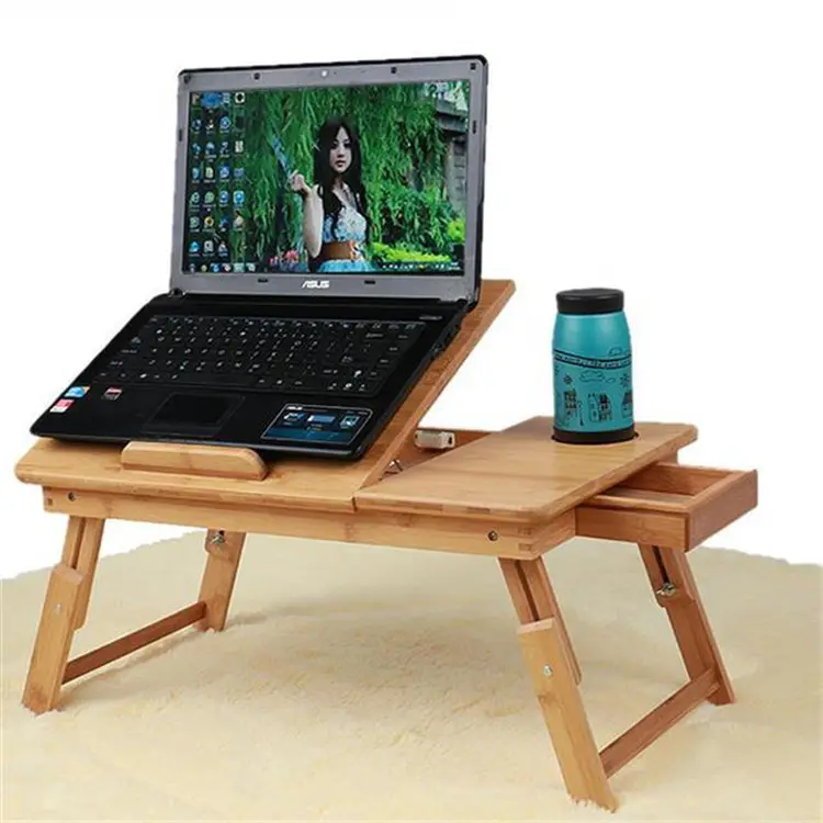 सर्वश्रेष्ठ विक्रेता थोक पोर्टेबल बांस के लिए Foldable लैपटॉप डेस्क बिस्तर समायोज्य पैर के साथ और पक्ष दराज