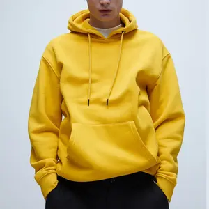 Çin fabrika toptan özel yüksek kalite saf renk erkek Hoodies sarı gevşek rahat Unisex tişörtü