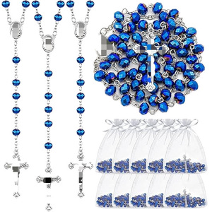 Collier chapelet en cristal bleu, violet et rose, bijoux religieux catholiques, ensemble cadeau avec pendentif croix et sacs en organza - Product Image 5