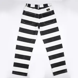 DiZNEW High Street Vintage Motorcycle Trousers Heavyweight Prisoner Canvas Striped Jeans Pants