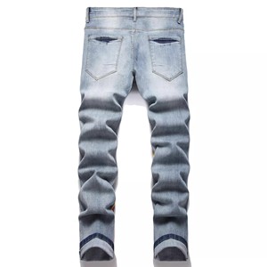 <span class=keywords><strong>Jeans</strong></span> bleu slim pour homme personnalisés, délavés à la pierre, respirants, lavables, avec broderie de patch, style hip-hop, utilitaire, avec <span class=keywords><strong>rivets</strong></span> - Product Image 2
