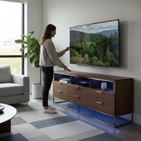Meuble TV moderne minimaliste en bois de noyer, console multimédia de style mid-century pour salon.