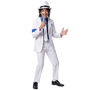 Costume Michael Jackson pour enfants, costume blanc à rayures fines avec chapeau pour spectacle de danse, fête d'Halloween - Product Image 2
