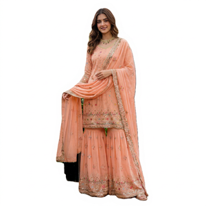 Salwar Kameez brodé pêche pour femme, robe traditionnelle de mariage et de fête, style indien pakistanais, ensemble Sharara Gharara, coupe classique - Product Image 1