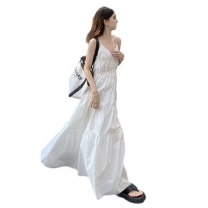 <b>White</b> V Neck <b>Maxi</b> Dress Natural Waist Splicing Simple Style Beach Vacation Cover Up - Product Image 5