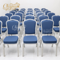 Silla de Banquete Apilable Cromada para Hotel, Diseño Moderno, Tela Azul, Estructura Metálica Plateada, para Hospital y Restaurante, Venta al Por Mayor