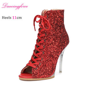 Chaussures de <span class=keywords><strong>danse</strong></span> <span class=keywords><strong>jazz</strong></span> latin sexy à paillettes de 11 cm, chaussures à lacets à talons hauts, semelles souples, bottes à bout ouvert pour femmes - Product Image 1