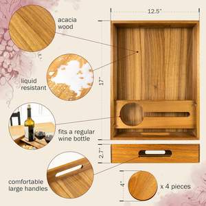 Plateau <span class=keywords><strong>de</strong></span> service <span class=keywords><strong>en</strong></span> bois d'acacia avec poignées, sous-verres, porte-<span class=keywords><strong>verre</strong></span> amovible Grand vin décoratif <span class=keywords><strong>pour</strong></span> le petit-déjeuner au lit ou sur la <span class=keywords><strong>table</strong></span> basse - Product Image 3