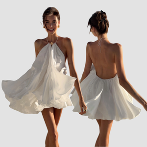 Vestido Halter con Anillo Metálico, Estampado Floral Francés, Corte en A, Elegante, Estilo Vacacional, Vestido de Fiesta - Product Image 1