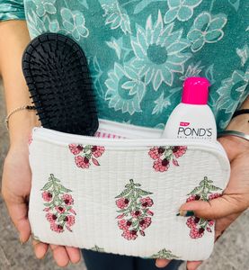 Bolsa de Aseo de Algodón Hecha a Mano con Estampado de Bloques, Bolsa de Maquillaje, Bolsa de Viaje, Bolsa Plana para Maquillaje, Bolsa Combinable, Bolsa Acolchada Estilo Boho - Product Image 3