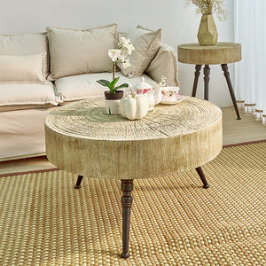 Meubles de salon, nouvelle table basse ronde rustique, petite, en bois sculpté, plateau en métal, base en fer, décorative, durable, facile à assembler - Product Image 1