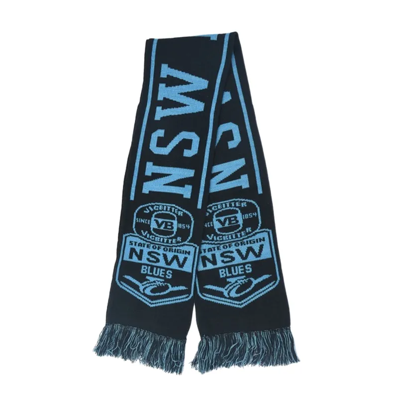 Factory OEM free sample custom jacquard design football soccer club stretch soft knitted acrylic scarf