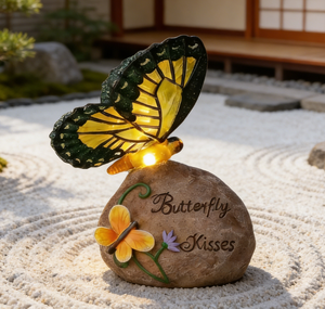 Statua di Farfalla su Roccia Alimentata a Energia Solare, Figurina in Resina con Luce LED per Decorazione Giardino - Product Image 6