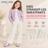 Smiledotkids Pantalon de survêtement droit personnalisé pour enfants, en tissu éponge doux, avec bordure en dentelle et nœud, OEM ODM, pour tout-petits, vente en gros, nouveauté