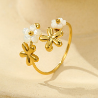 Bague ouverte en acier inoxydable avec fleur de zircon et coquillage naturel pour femmes Bague ajustable de haute qualité en plaqué or 18 carats Cadeau bijoux (RG287)