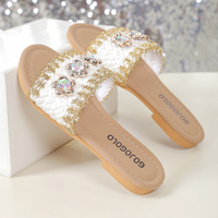 Chaussons plats pour filles, mode estivale, élégance, bord brut doré, design de fleurs en cristal scintillant, pantoufles pour enfants