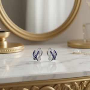 Elegantes pendientes Huggie chapados en oro blanco con diamantes de imitación de cristal azul, diseño geométrico para mujer, joyería de moda para fiesta - Product Image 2