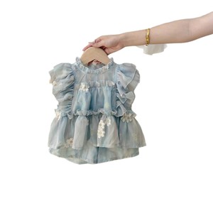 Tongxingyuan Girls' Summer Outfit Set Cotton Lace Floral <b>Top</b> Shorts Two Piece Thin Fabric Kids Clothing - Product Image 3
