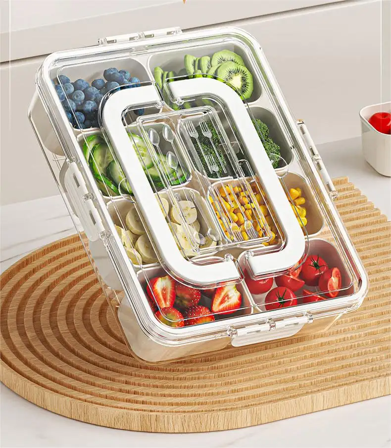 Contenedor de especias de plástico portátil sellado para cocina, almacenamiento de aperitivos, bandeja transparente dividida para servir verduras, caja con tapa y Asa