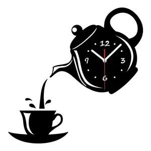 新しいデザインDIYアクリルコーヒーカップティーポット3D壁時計装飾キッチン壁時計リビングルームダイニングルーム家の装飾時計