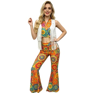 Costume <span class=keywords><strong>hippie</strong></span> 3 pièces pour femmes, haut court à imprimé floral des années 70, pantalon pattes d'éléphant avec gilet à franges - Product Image 1