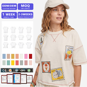 Camiseta de Mujer Personalizada con Parches, Camiseta Gráfica Extra Grande de Algodón, Fabricante de Ropa OEM ODM - Product Image 1