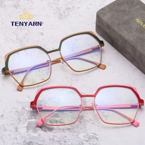 Tenyarn Polygonal Large Frame Glasses Frame Steel Leather Spring Temple Women Eyeglasses Frame Anti Blue Light Glasses