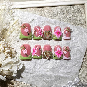 Faux <span class=keywords><strong>ongles</strong></span> à presser Holy Mother Duck Bill faits main, <span class=keywords><strong>rose</strong></span> printemps 2026, très tendance, style French, avec perles et breloques fleurs 3D - Product Image 1