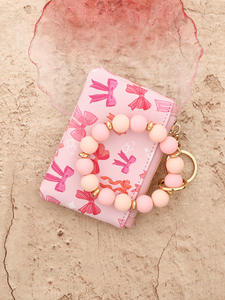 Bracciale <span class=keywords><strong>rosa</strong></span> con perlina con fiocco e ciliegia portamonete in Nylon portacarte da polso con cerniera per auto da <span class=keywords><strong>donna</strong></span> portachiavi con carta di credito - Product Image 2