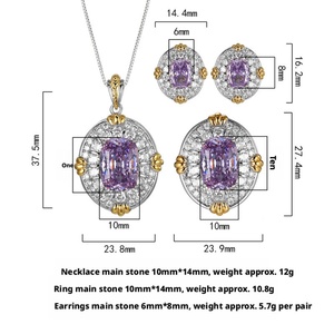 Parure de bijoux vintage écologique en cuivre et zircon violet plaqué or, avec collier et boucles d'oreilles en zircon cubique 10*14-6*8mm pour femme - Product Image 6