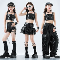 Costumes de danse jazz pour filles, haut court en similicuir noir avec boucle, jupe à volants, pantalon baggy, ensemble de vêtements de scène pour enfants