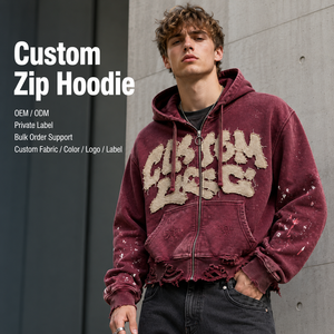 Fabricant de sweats à capuche personnalisés pour hommes, couleur bordeaux, effet délavé, ourlet brut, <span class=keywords><strong>patchwork</strong></span>, streetwear, sweat à capuche zippé en molleton épais - Product Image 1