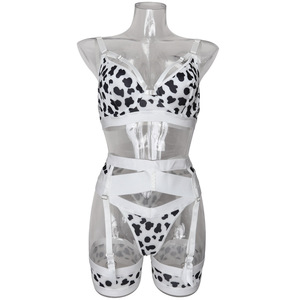 OEM Hot Selling Lingerie Sexy Femme Cow Print Set Wave Point With Garter Belt 4 PCS Lingerie Women Sexy - Product Image 6