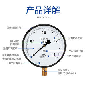 เกจวัดแรงดันมาตรฐานทองเหลือง Y-150 0-1.6 2.5 40 60 เมกะปาสคาล สำหรับหม้อไอน้ำ ขนาดเส้นผ่านศูนย์กลางเข็ม 100 มม. สำหรับแรงดันไฮดรอลิก/แก๊ส - Product Image 1