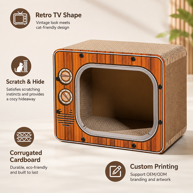 Custom Classic Eco-Friendly Retro TV Cardboard Cat Scratcher House Corrugated Lounge Bed for Indoor Cats